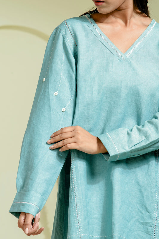 Aqua blue linen co-ord features a relaxed V-neck