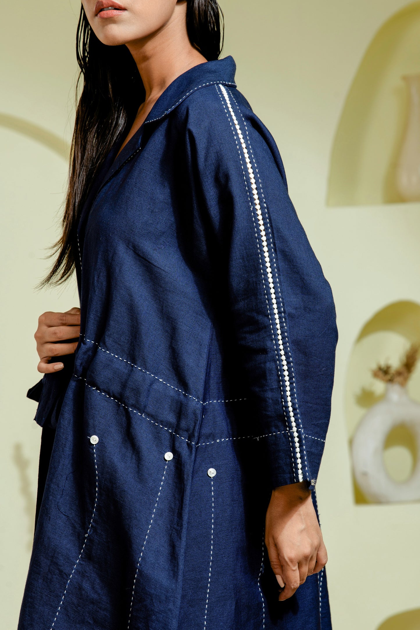 Navy co-ord set with a flared belted top