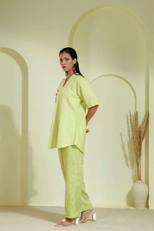 Lime green linen co-ord set with a V-neck kurta