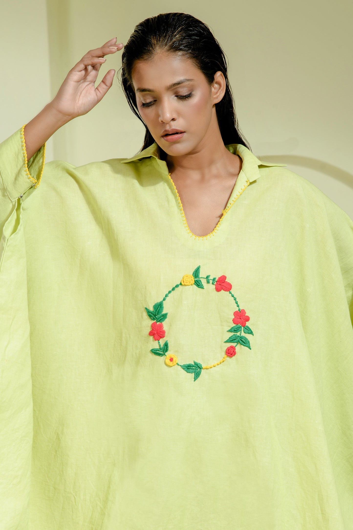 Lime green asymmetrical kurta set