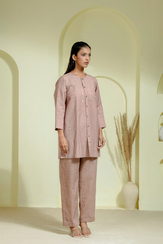 Co-ord set with round-neck front-open kurta