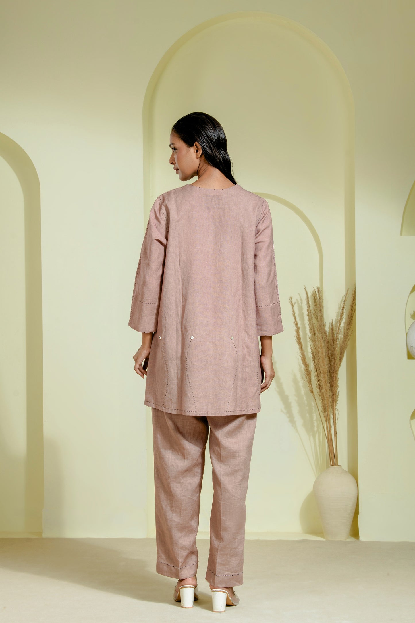 Co-ord set with round-neck front-open kurta