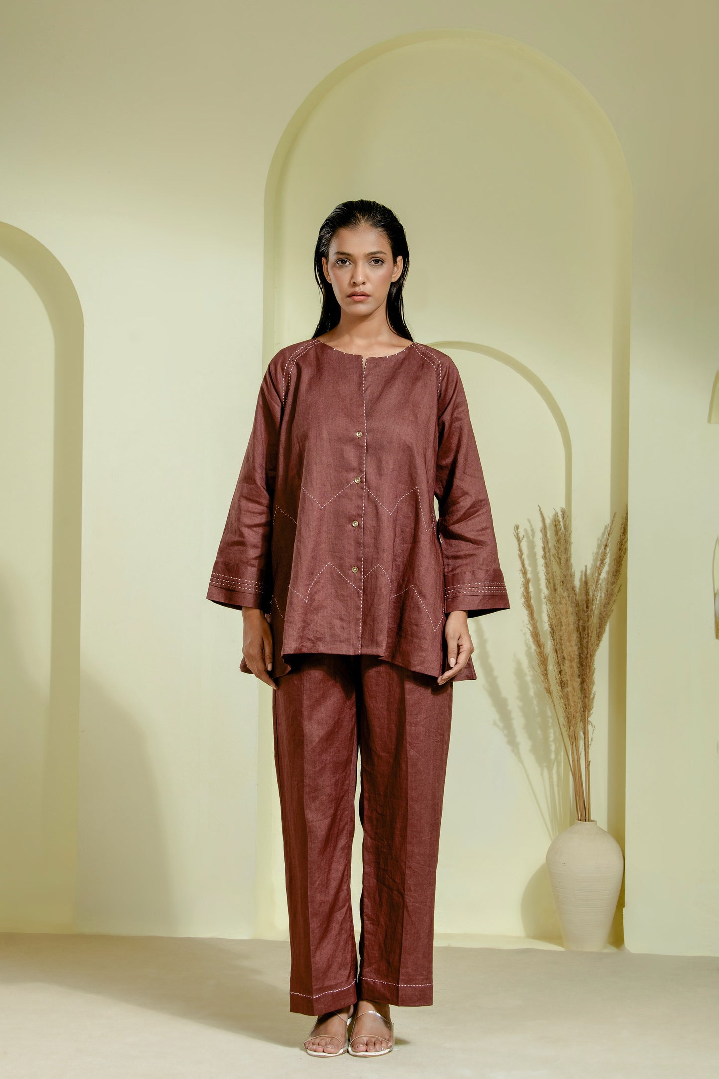Rich maroon co-ord set featuring a flared front-open kurta