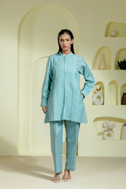Sky coord set features a straight cut with a structured silhouette