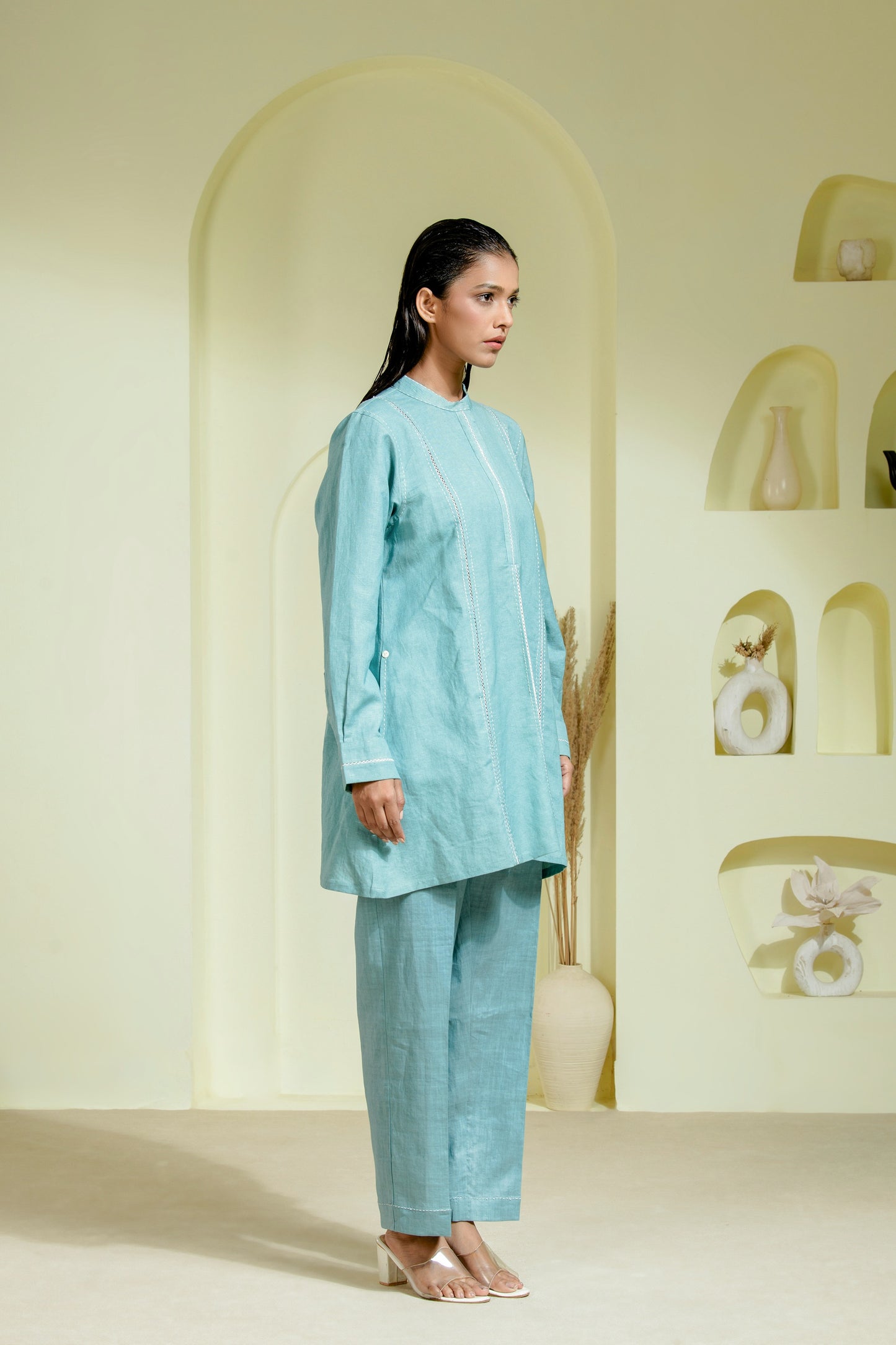 Sky coord set features a straight cut with a structured silhouette