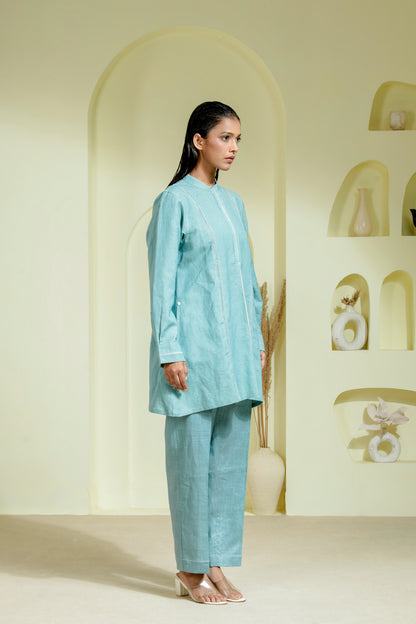Sky coord set features a straight cut with a structured silhouette