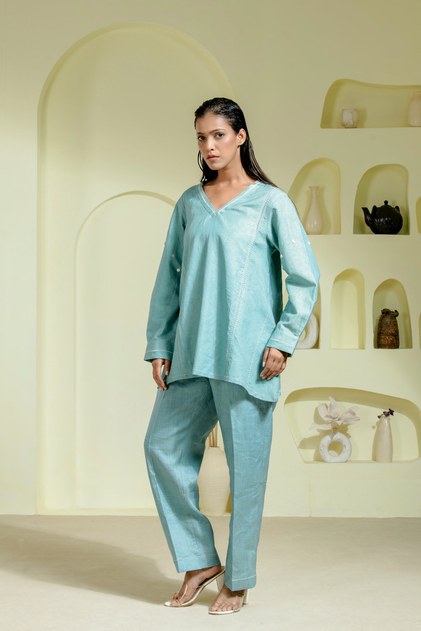 Aqua blue linen co-ord features a relaxed V-neck