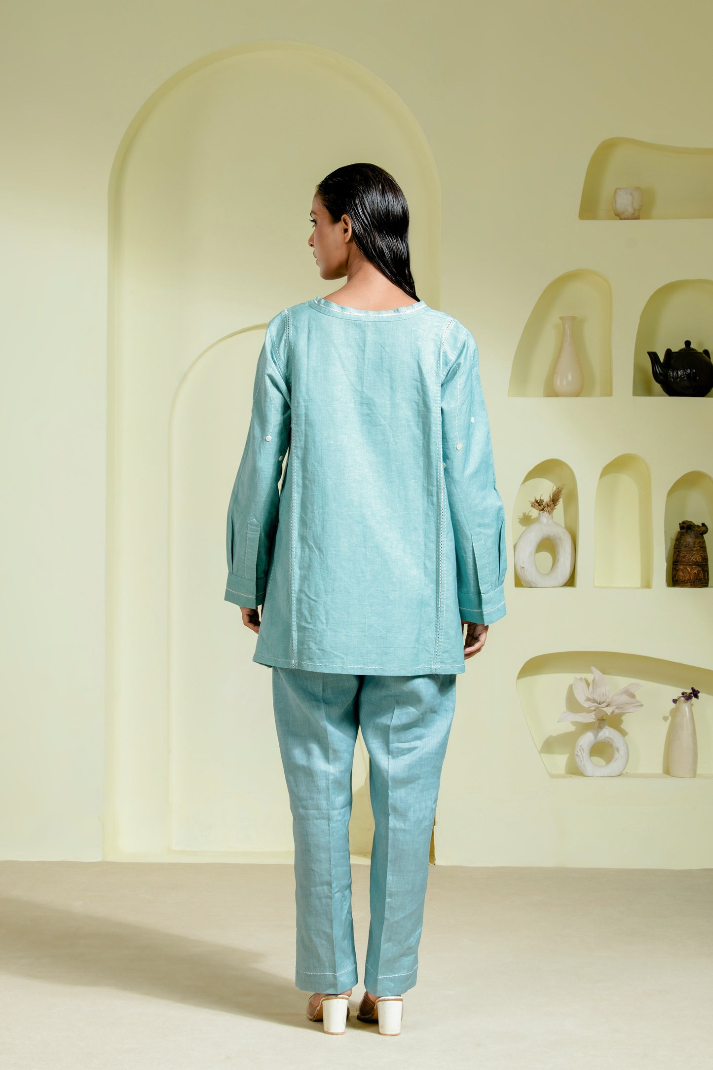 Aqua blue linen co-ord features a relaxed V-neck