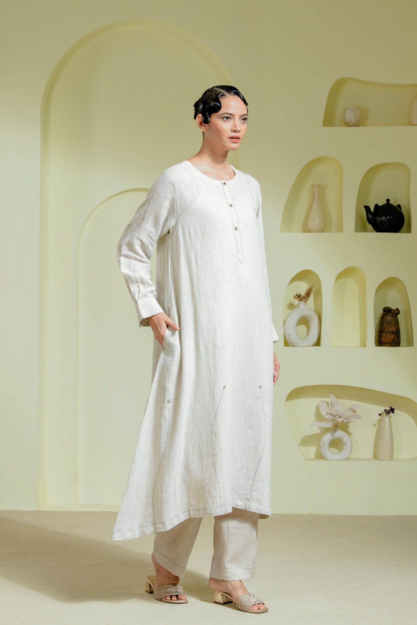 Ivory Long Panelled Tunic Set