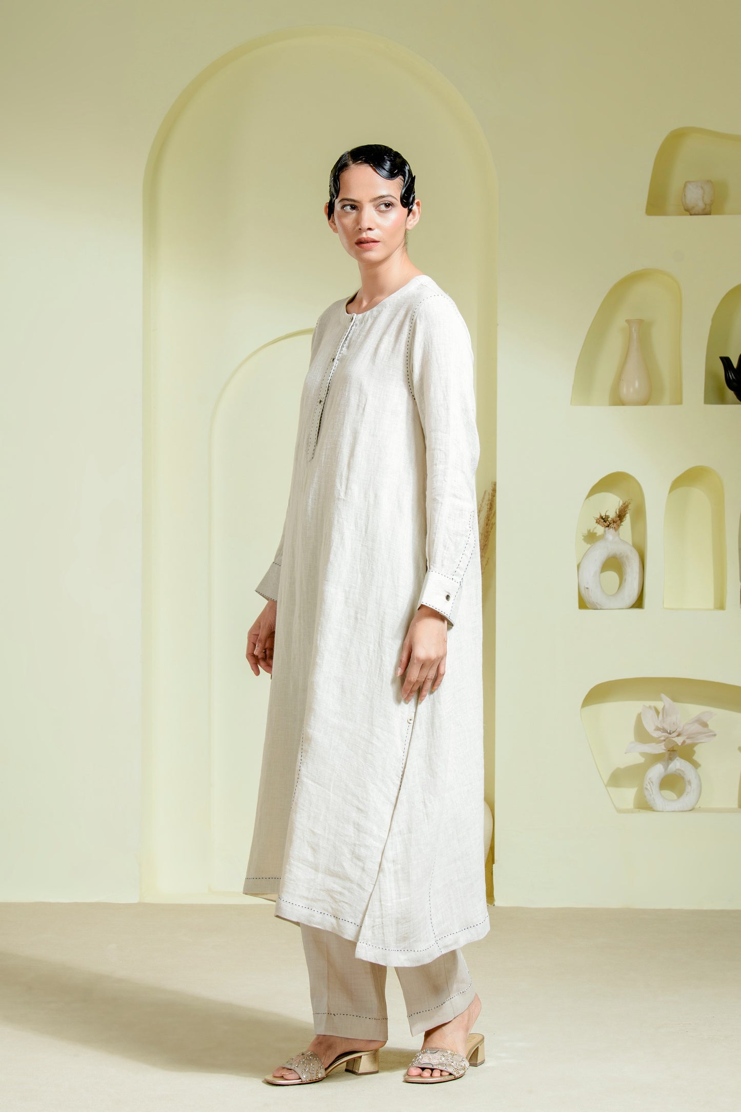 Ivory Long Panelled Tunic Set
