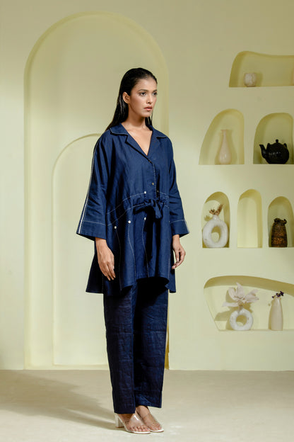 Navy co-ord set with a flared belted top