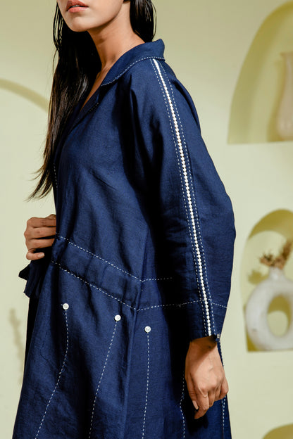Navy co-ord set with a flared belted top
