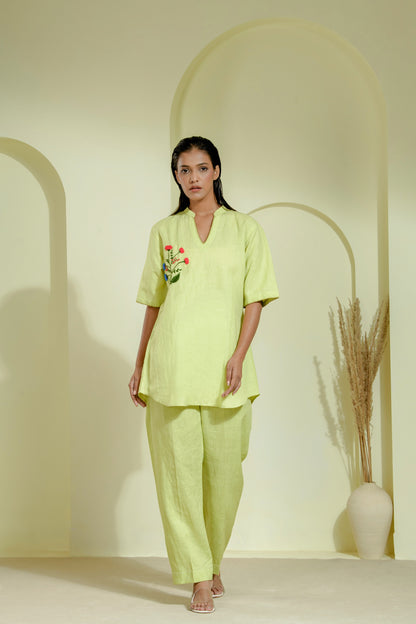 Lime green linen co-ord set with a V-neck kurta