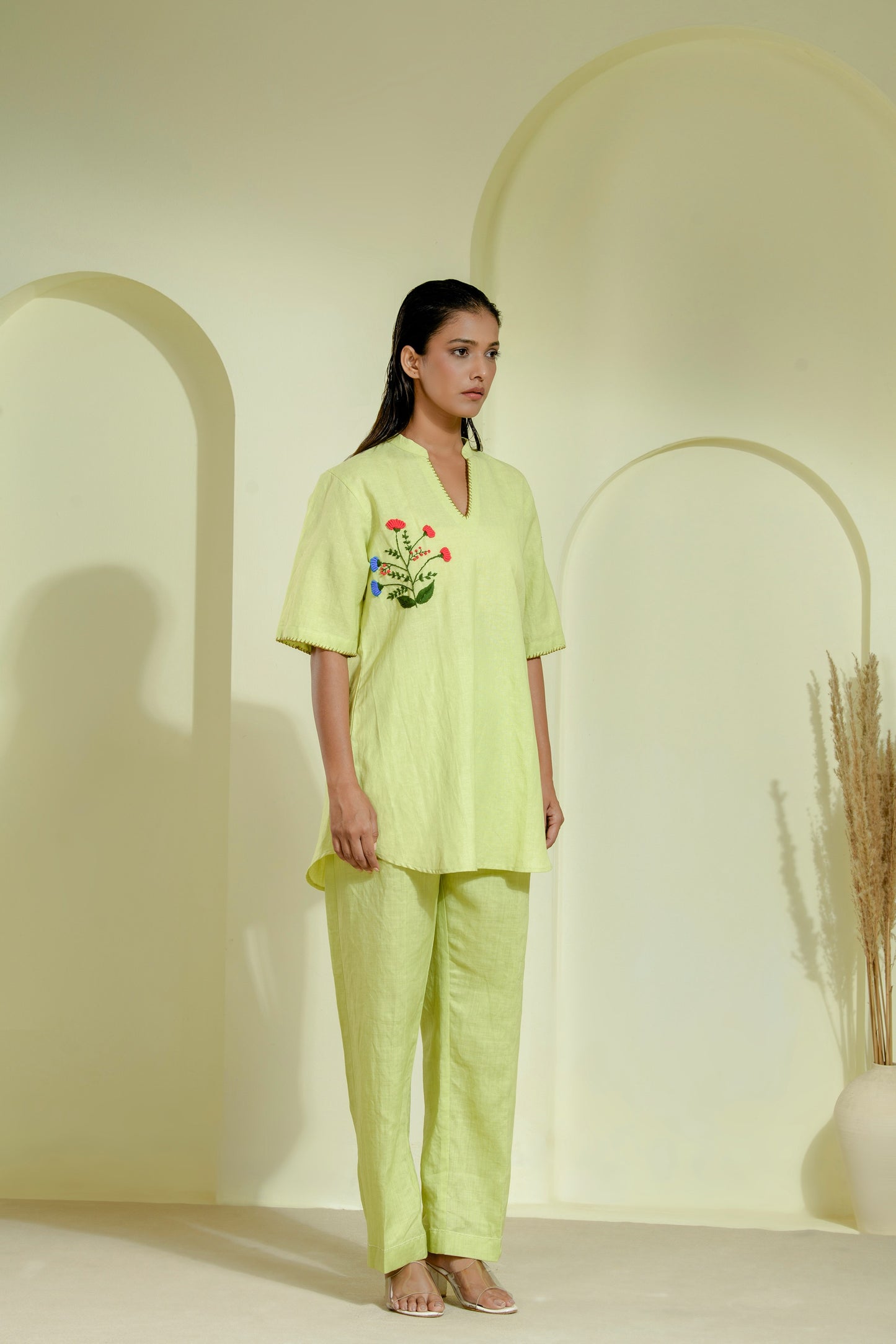 Lime green linen co-ord set with a V-neck kurta