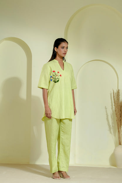 Lime green linen co-ord set with a V-neck kurta