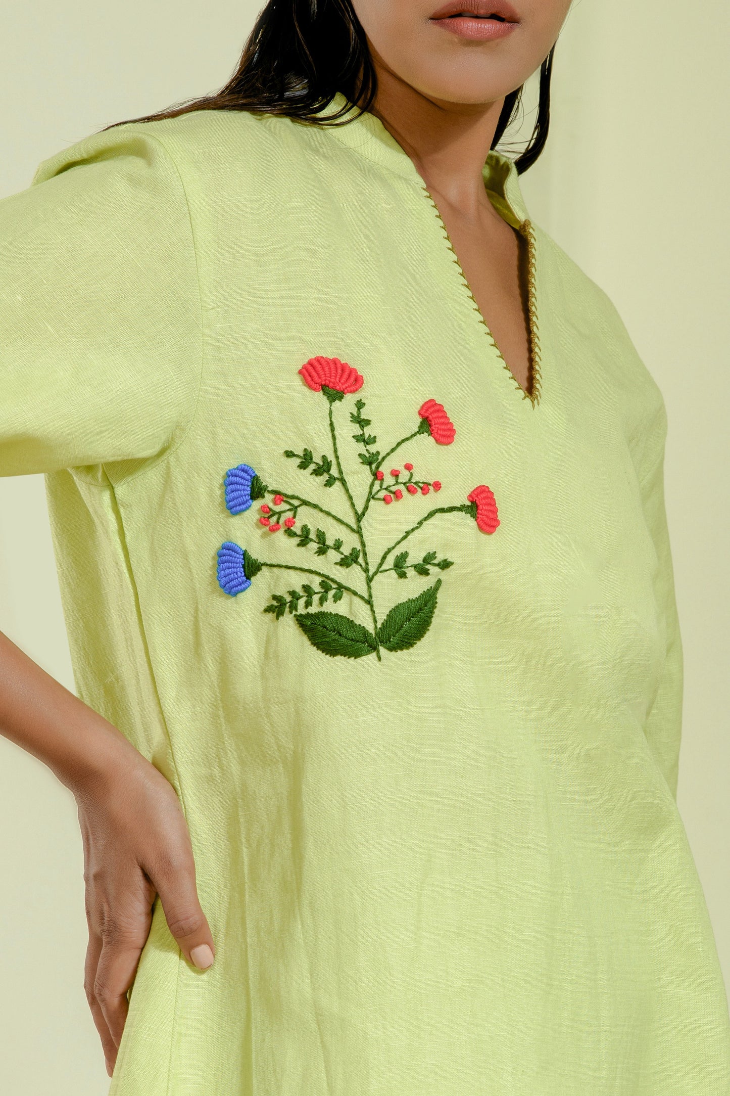Lime green linen co-ord set with a V-neck kurta