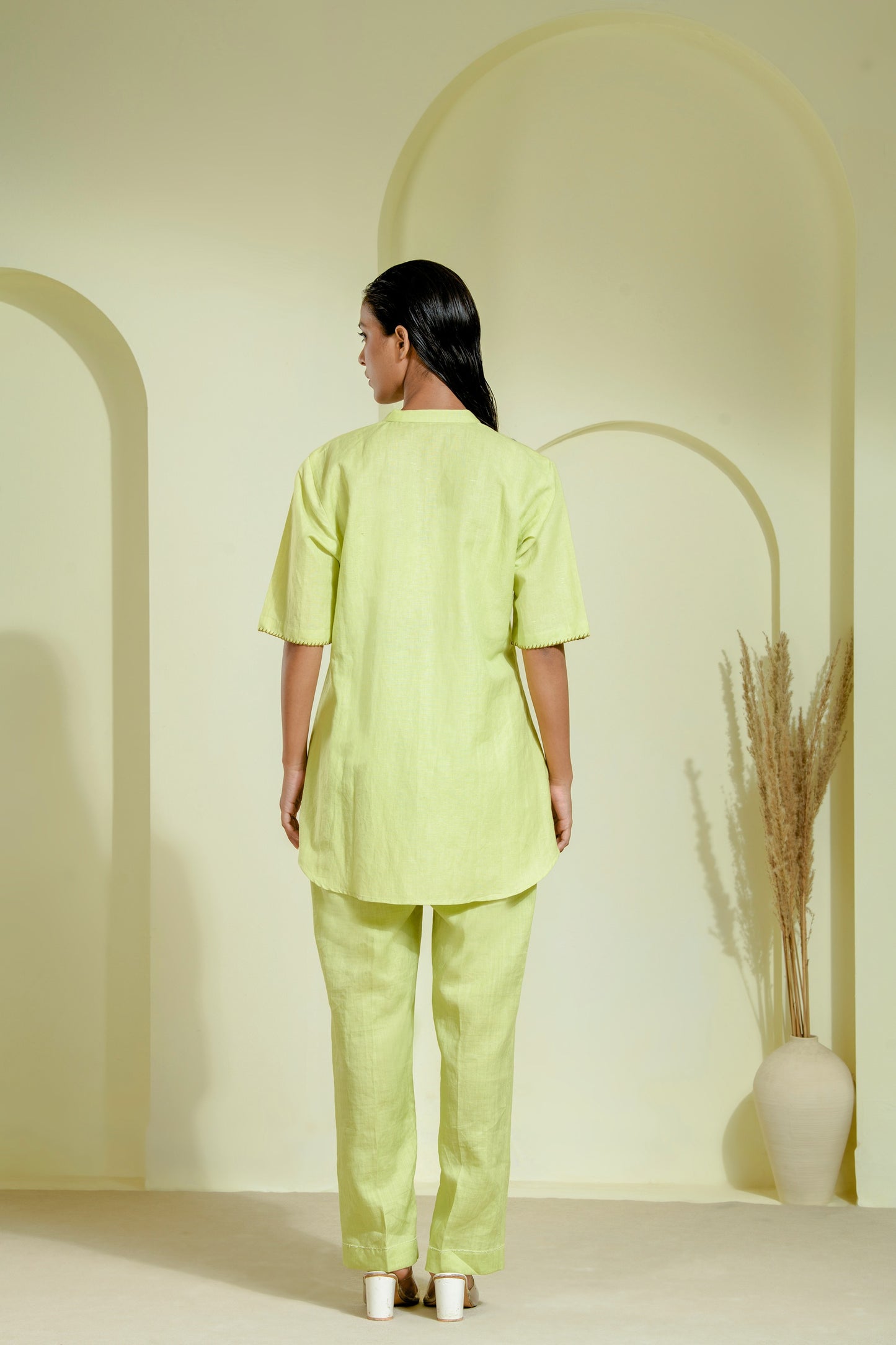 Lime green linen co-ord set with a V-neck kurta