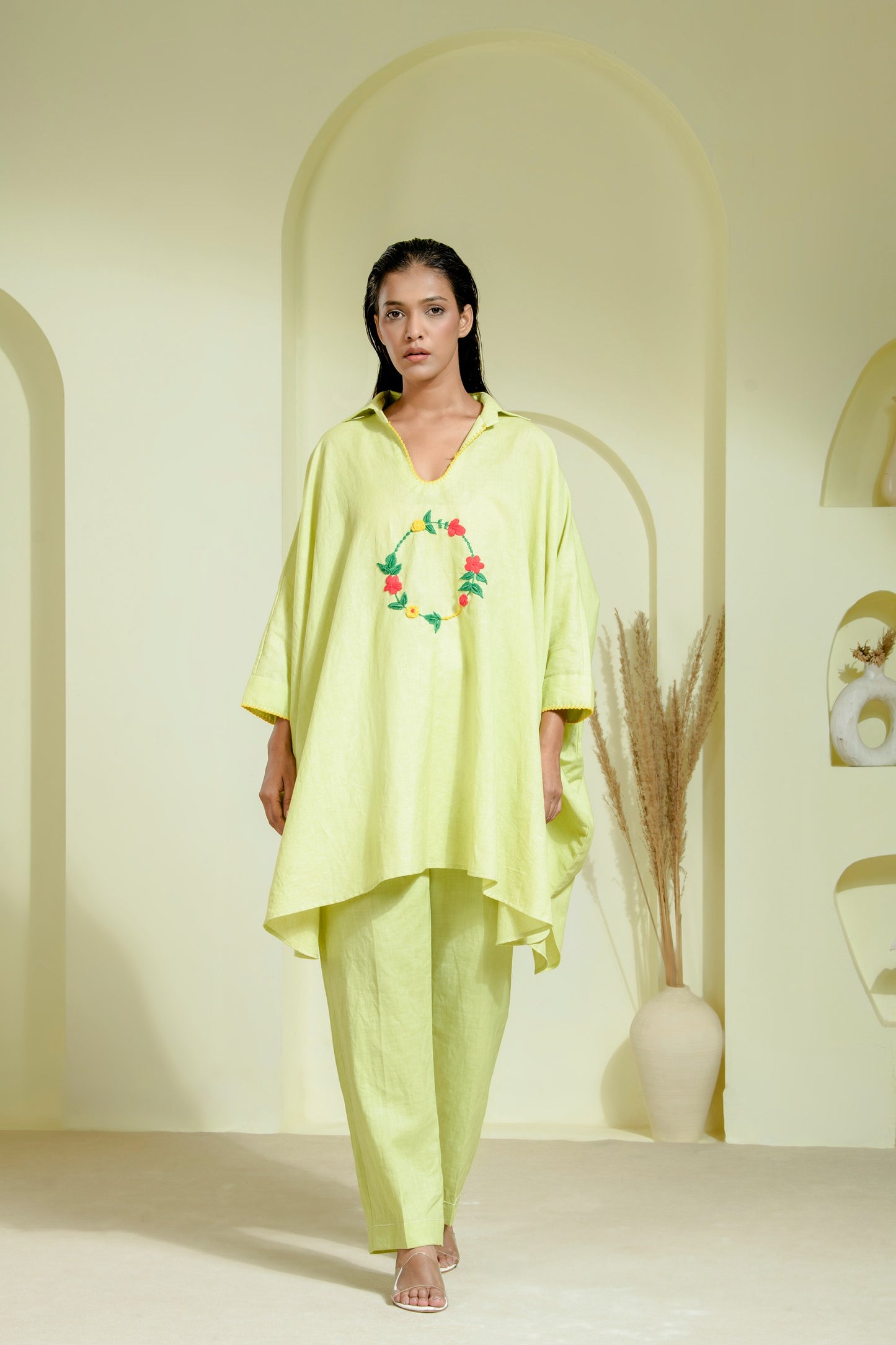 Lime green asymmetrical kurta set