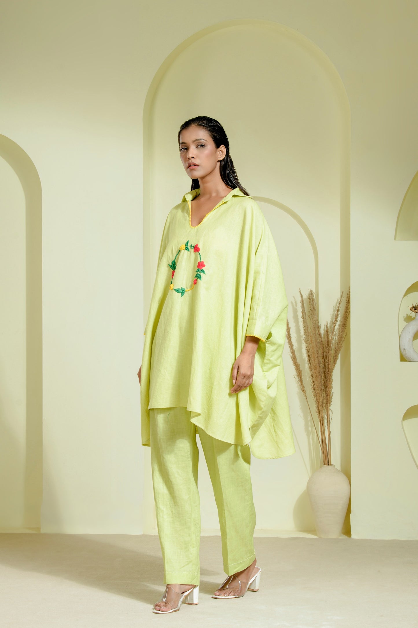 Lime green asymmetrical kurta set