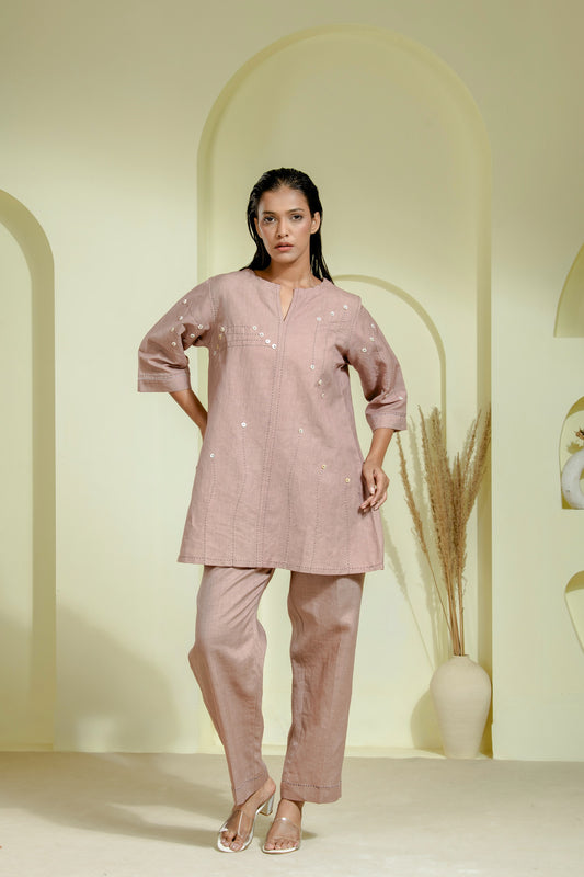 Kurta set with mirror work embellishments and straight pants