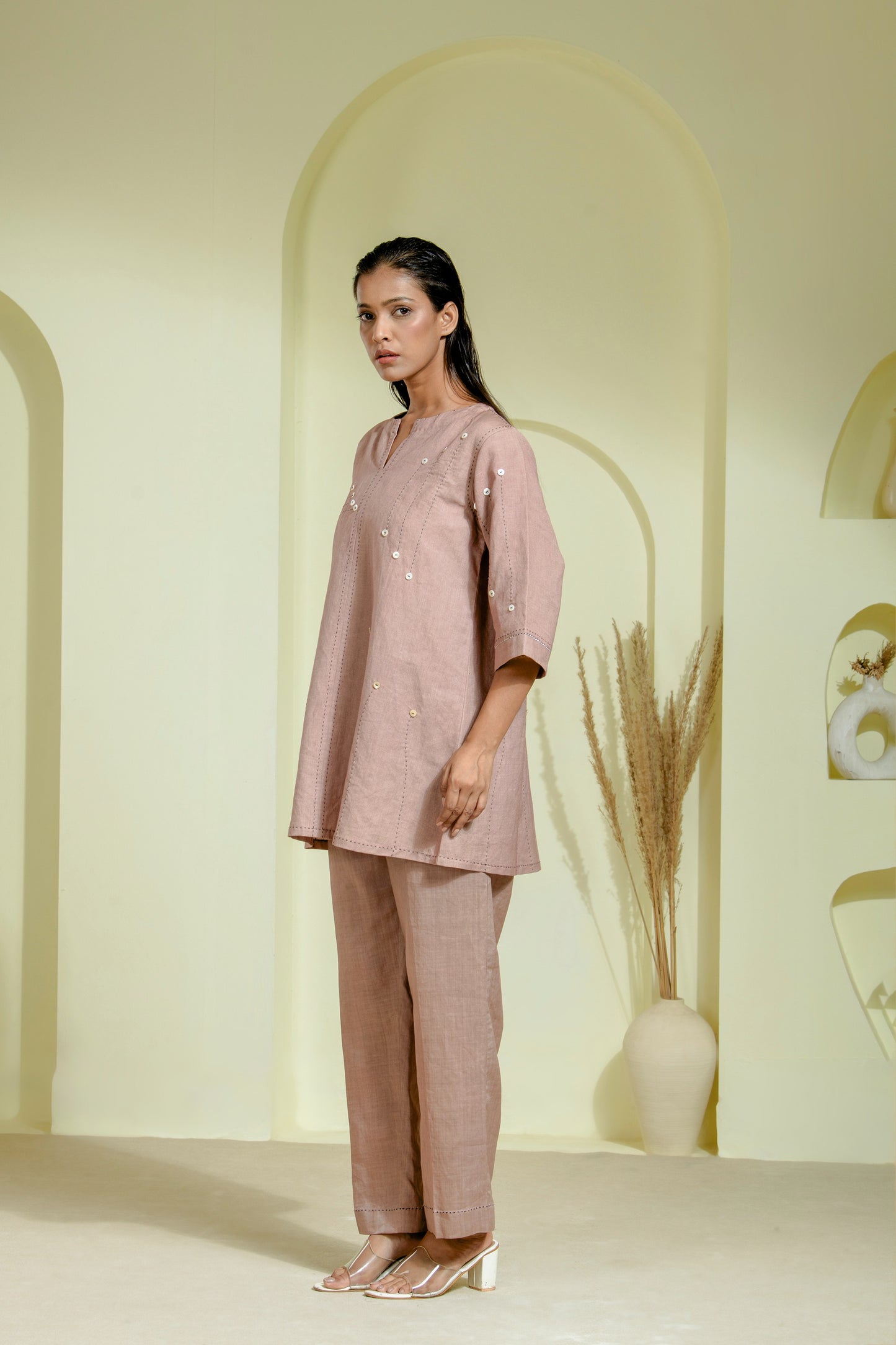 Kurta set with mirror work embellishments and straight pants