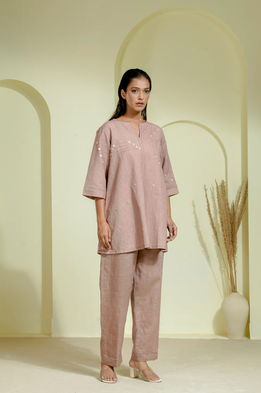 Kurta set with mirror work embellishments and straight pants