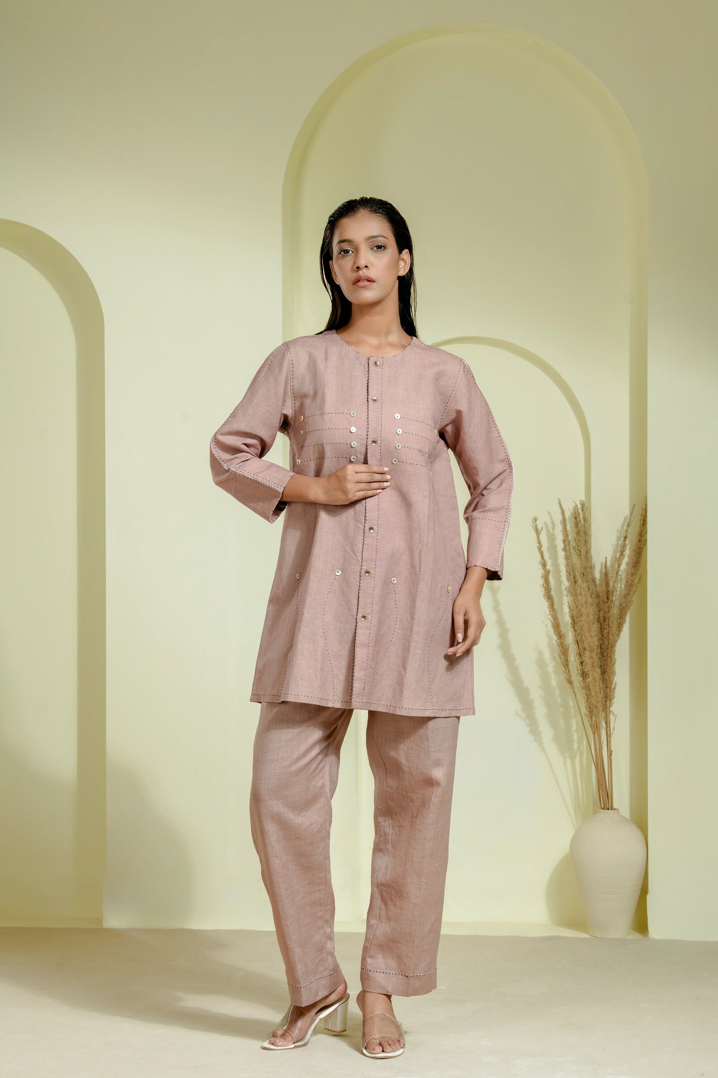 Co-ord set with round-neck front-open kurta