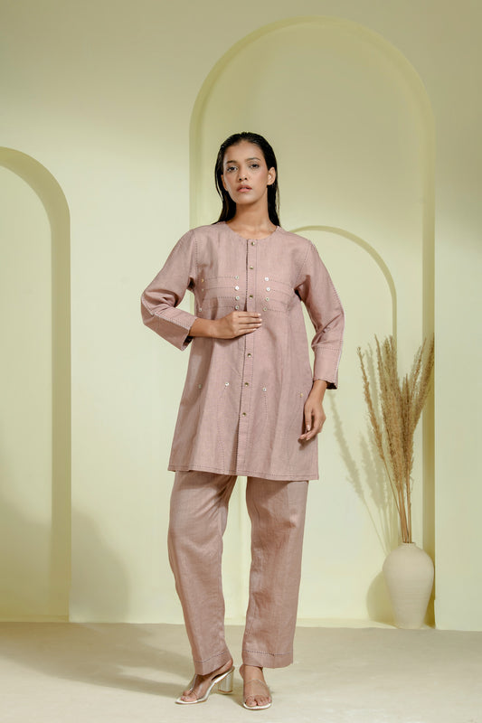 Co-ord set with round-neck front-open kurta