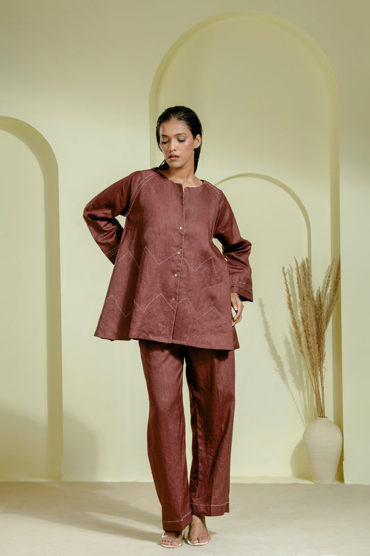 Rich maroon co-ord set featuring a flared front-open kurta