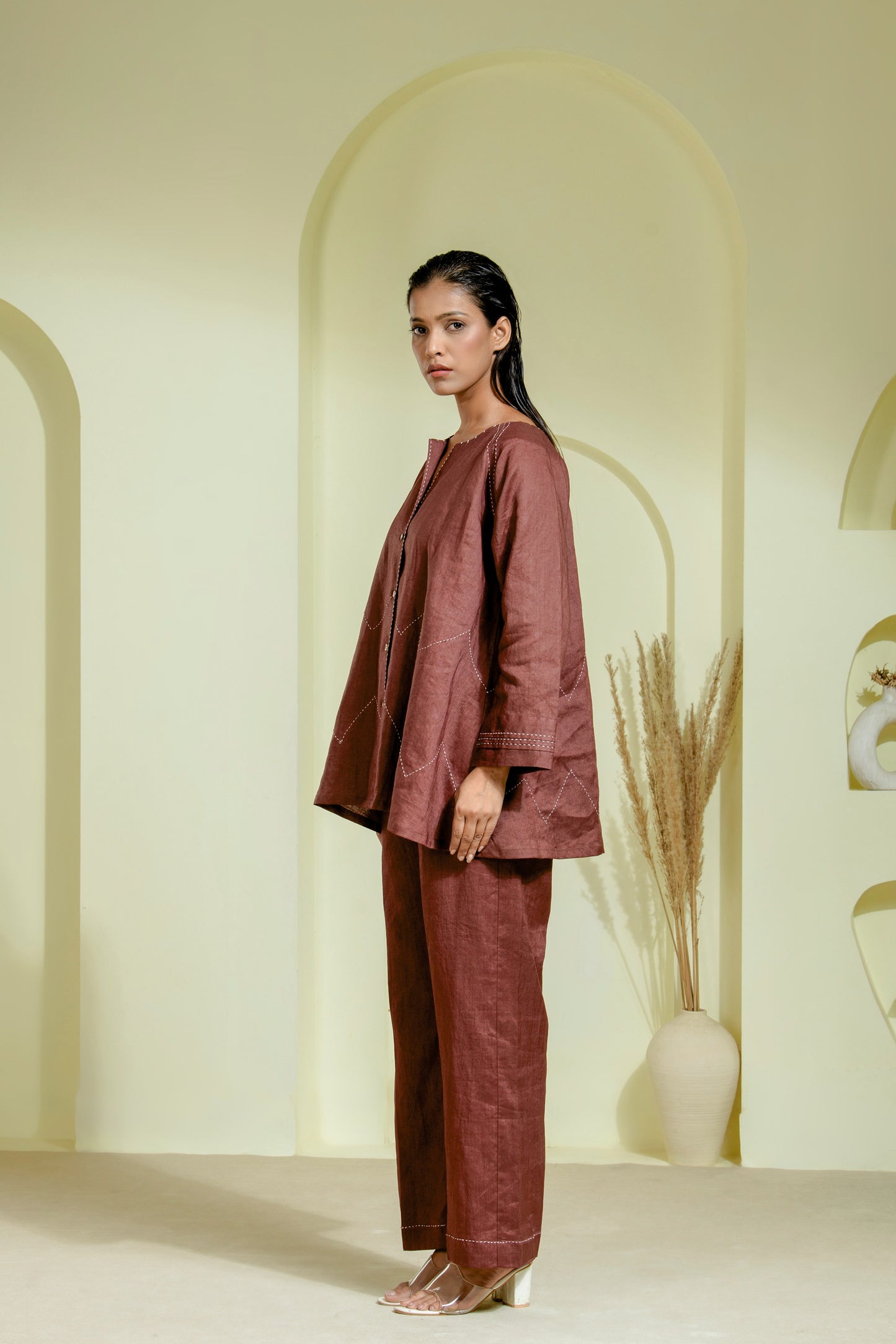Rich maroon co-ord set featuring a flared front-open kurta