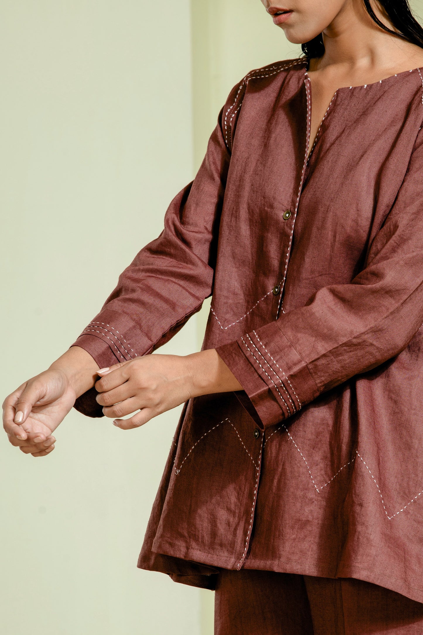 Rich maroon co-ord set featuring a flared front-open kurta