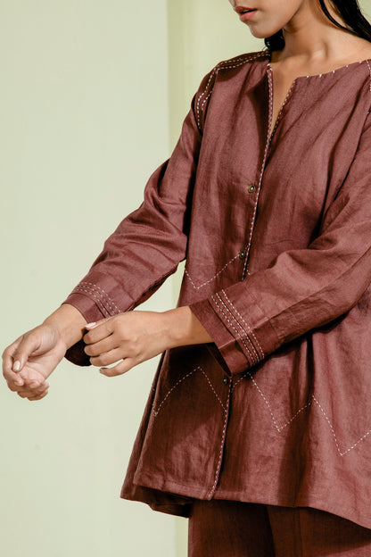 Rich maroon co-ord set featuring a flared front-open kurta