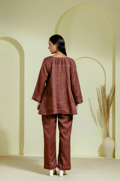 Rich maroon co-ord set featuring a flared front-open kurta