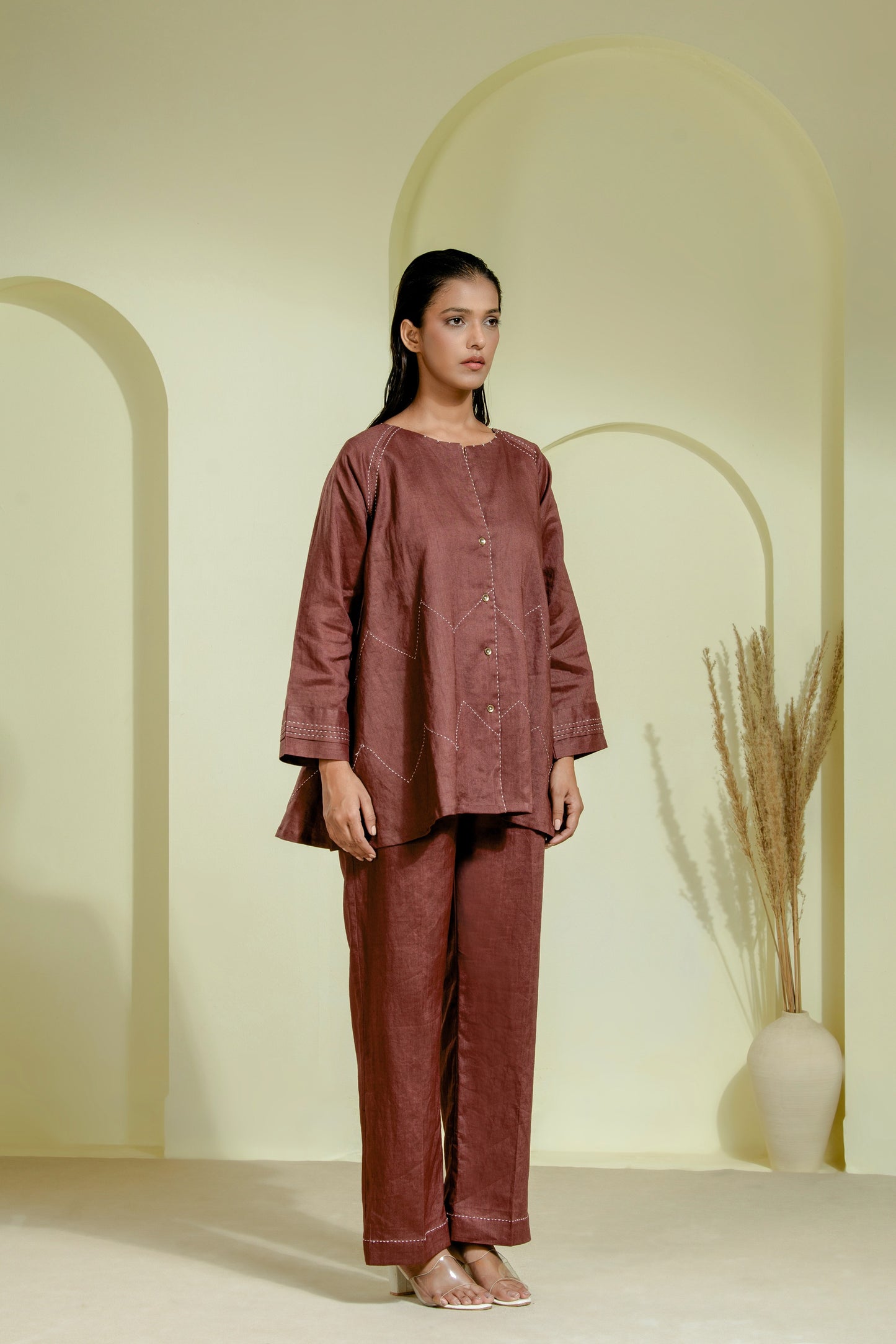 Rich maroon co-ord set featuring a flared front-open kurta