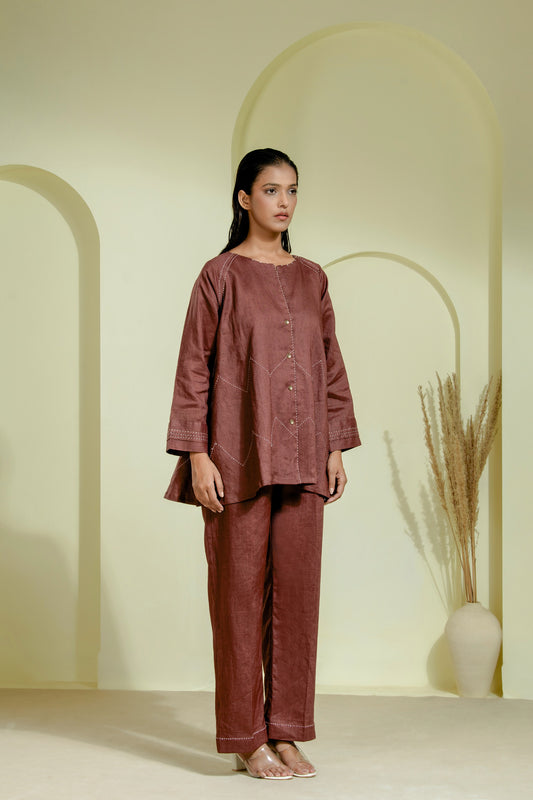 Rich maroon co-ord set featuring a flared front-open kurta
